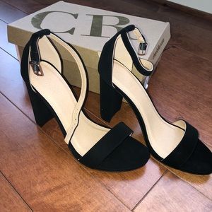 Black Suede Ankle Strap Block Heels